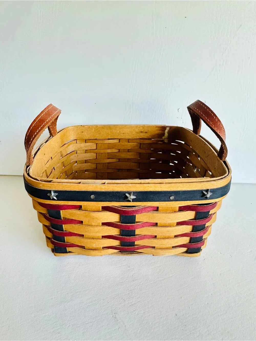 Handwoven Red & Black Accent Basket with Leather Handles